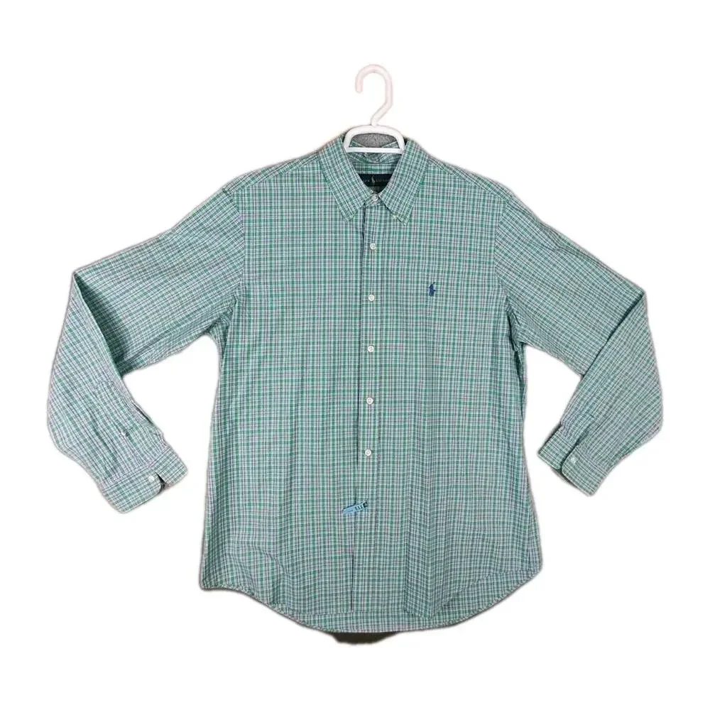 Polo Ralph Lauren Button Up Shirt Mens Large L Tartan Plaid Blue Small Pony